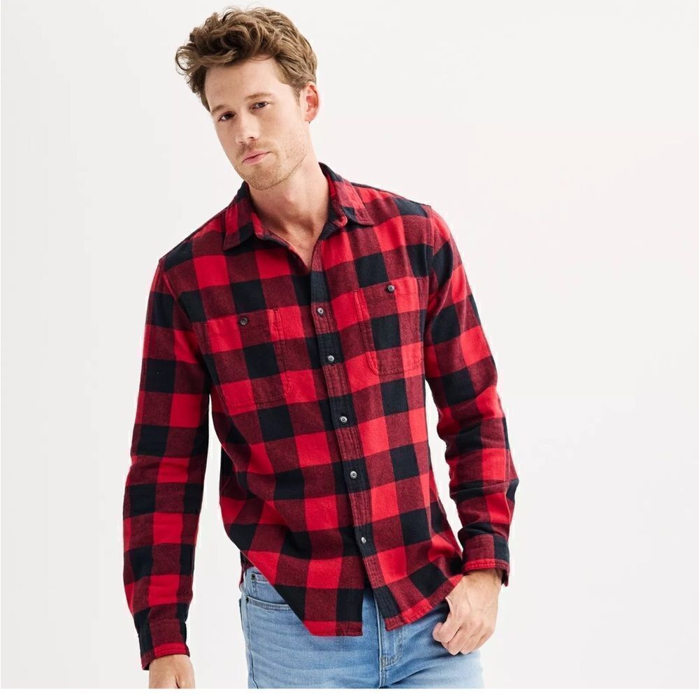 Men's Flannel Button-Down Shirt Buffalo Black Red 2XL NWT Logger